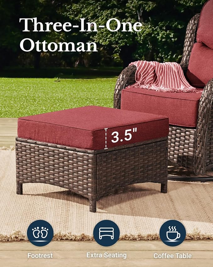 HILLGA Luxury Outdoor Patio Furniture Set with 6-Inch Thick Cushions,High Back Wicker Swivel Rocker Chairs, 5 Pcs All Weather Chairs Set for Small Porch, Deck and Sunroom, Burgundy (V3)
