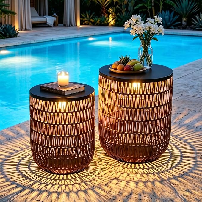 HMVPL Solar Outdoor Side Table Set of 2 with Dimmable Light, Round Patio Side Table for Outside, Outdoor End Accent Tables, Waterproof Plastic Rattan Patio End Table for Backyard Gazebo, Dusk to Dawn