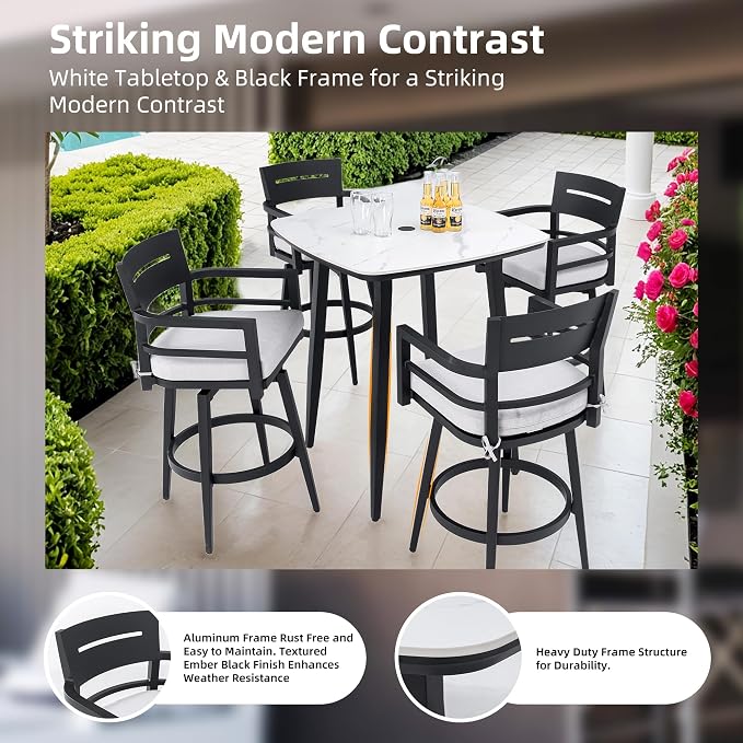 Modern 5-Piece Outdoor Patio Bar Table Set for 4, Small Square Marble Stone Table with 4 Weather-Resistant Swivel Bar Chairs, Aluminum Frame and Umbrella Hole, Sunbrella Cushion
