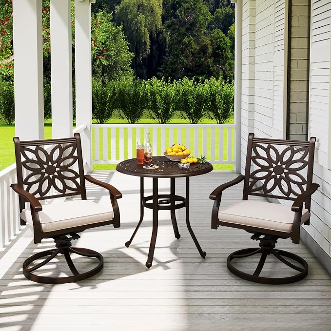 PHI VILLA 3-Piece Patio Bistro Set, 32" Round Cast Aluminum Table, Bronze | Swivel Chairs, Cushions Chairs, Umbrella Hole