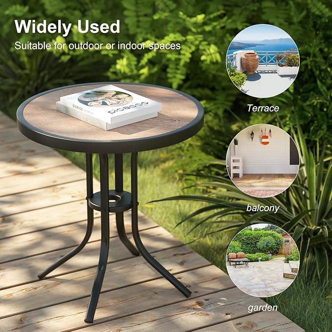 Outdoor Side Table with Wood-Like PDC Top, 17" Small Round Side Table Metal Patio End Table with Steel Frame for Balcony Garden Porch Deck Indoor
