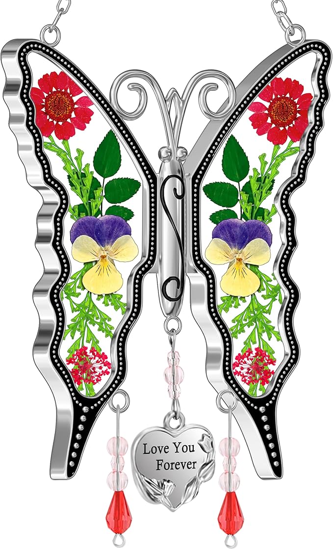 KY&BOSAM Butterfly Suncatcher for Windows Hangings Stained Glass Love You Forever Sun Catchers Hangings Wind Chime Gifts for Women Grandma Mom Mother`s Day Valentine's Birthday Christmas Thanksgiving