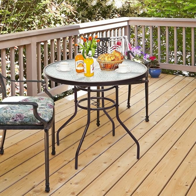 DREAMADE 32 Inch Patio Table, Outdoor Dining Furniture w/ 1.65” Umbrella Hole, Sturdy Metal Frame with Tempered Glass Top, Small Accent Bistro Coffee Table for Deck, Balcony, Garden, Pool, Backyard
