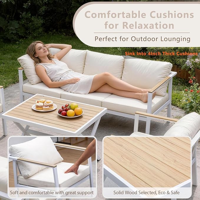 Aluminum Patio Sectional Furniture Set,4 piece Patio Conversation Sets Outdoor Patio Furniture Set Sofa with Coffee Table & Washable Cushions White