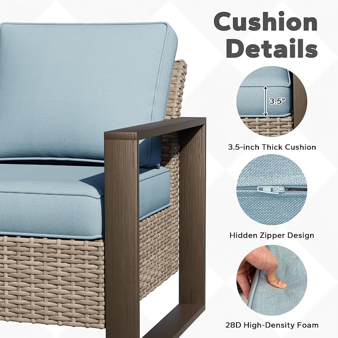 Joyside Outdoor Patio Wicker Sofa, 3-Seater Rattan Sofa with Thick Olefin Cushions and Metal Steel Rectangular Framed Armrest -Looking Metal Armrest Suitable for Garden, Backyard, Porch, Deck