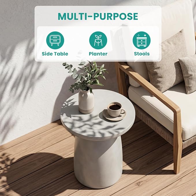 SUNBURY Outdoor Side Table, 22"H Large Concrete End Table Pebble Shaped, Lightweight Round Accent Table, Decorative Modern Coffee Table, Garden Planter Stand for Patio, Porch, Living Room Decor, Grey