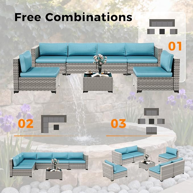 6-Seat Modular Patio Furniture Set – Outdoor Wicker Sectional Sofa with Thick 4″ Cushions, Dual-Strand PE Rattan, Rust-Resistant 18 mm Steel Frame, Backyard Garden Deck Lounge,Blue