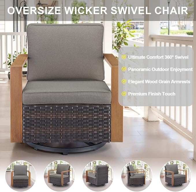 Belord Modern Outdoor Patio Furniture 7 - Person Outdoor Swivel Glider Seating Group, Backyard Wicker Furniture Set with Aluminum Armrests, Brown Wicker Grey Cushion