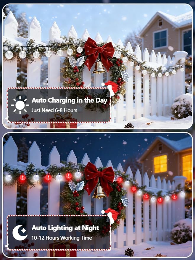 Solar String Lights Outdoor Waterproof 2 Pack 100 LED 64FT Patio Lights | Red and White Crystal Globe, 8 Lighting Modes, Auto On/Off, Solar Powered Light for Outside Yard Wedding Party Xmas Decor