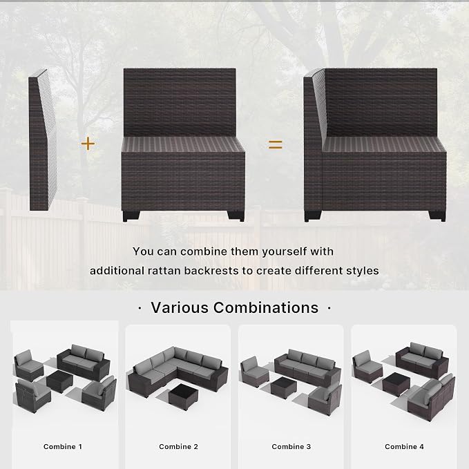 Gotland 7 Pieces Patio Furniture Set with 55000BTU Fire Pit Table, Wicker Patio Set with Wide Armrests 29.5'' High Backrest Thick Cushions 1 Coffee Table, Outdoor Furniture for Porch Deck Gray