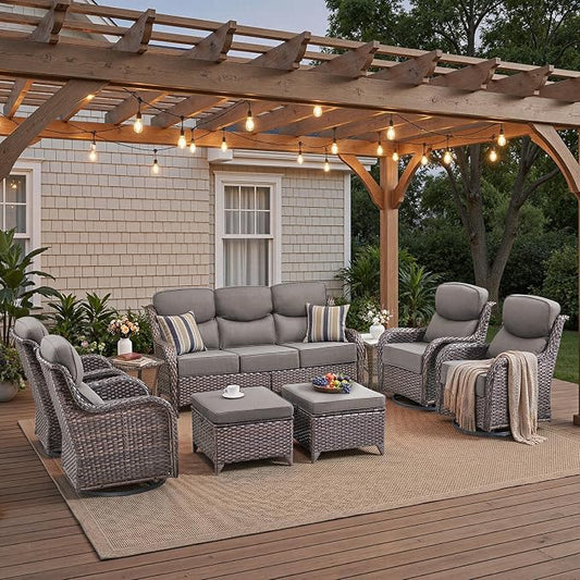 Luxury High Back Patio Furniture Set with 6-Inch Thick Cushions, 9-Pieces Outdoor Furniture with Swivel Chairs, Wicker Conversation Set for Porch, Balcony, Deck and Yard, Brown/Grey
