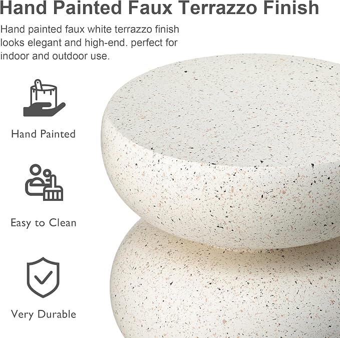 Glitzhome Outdoor Side Table, Round Small End Table with White Geometric Terrazzo Finish MGO Hourglass Garden Stool, Set of 2 Decorative Accent Table for Living Room Planter Stand Backyard Patio Porch