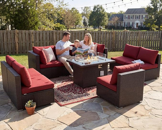 BULEXYARD 9 Piece High Back Outdoor Sectional Couch Set with Fire Pit, Luxury Weather-Resistant Patio Furniture Set, Comfy Extra Large 8-Person Backyard Seating Group L-Shape for Exterior, Brown & Red