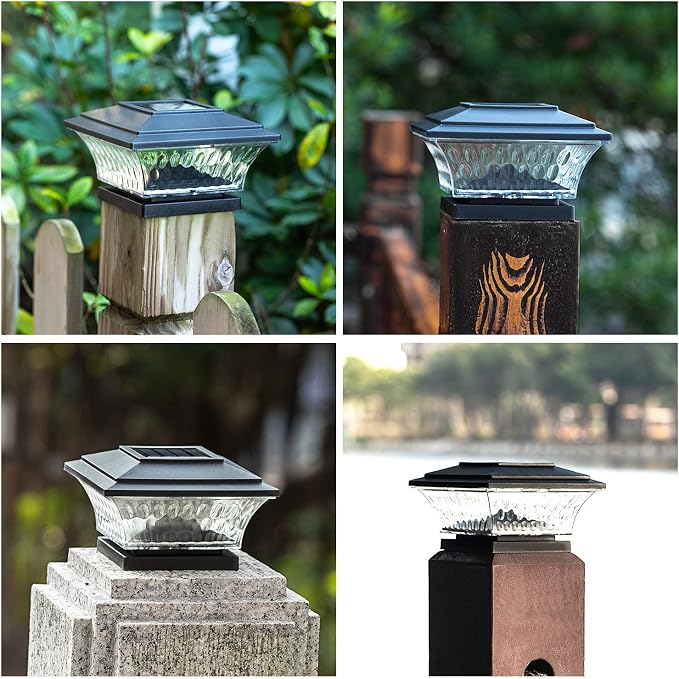 HUYIENO Solar Post Cap Lights Outdoor LED Lighting Deck Fence Cap Light Two Light Modes Warm White/Bright White Suitable for 4x4 Wooden Posts Black 2PK