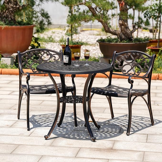 31" Cast Aluminum Patio Table, Outdoor Dining Table, Round Metal Conversation Table with 2.2" Umbrella Hole, for Porch Backyard