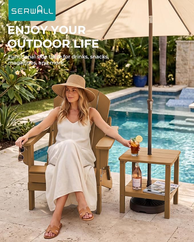 SERWALL Double Layer Adirondack Side Table with Umbrella Hole, HIPS Outdoor Side Table Rectangular End Tables for Patio, Poolside, Garden, Brown