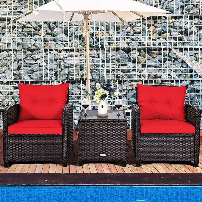 HOMGX 3 Pieces PE Rattan Wicker Patio Sofa Chairs, Outdoor Furniture Conversation Sets with Washable Cushion & Glass Table, Rattan Sofa Set for Balcony, Porch, Yard, Backyard, Lawn, (Red)
