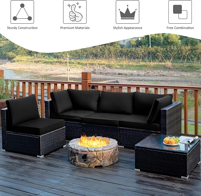 DORTALA 5 Pieces Patio Furniture Set, Outdoor Rattan L-Shaped Corner Sofa Set with Cushions, Coffee Table, Patio Sectional Conversation Set for Backyard Porch Garden Poolside, Black