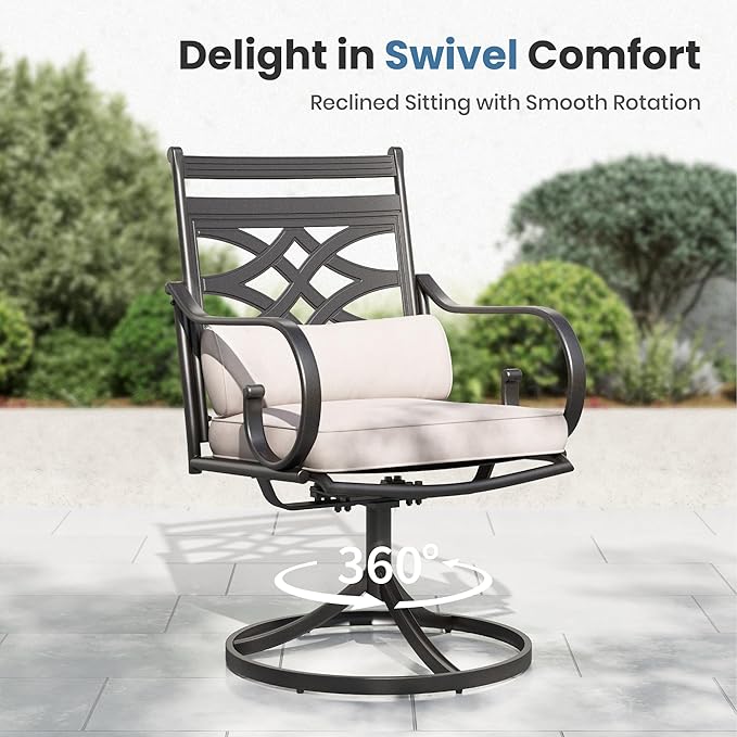 PHI VILLA Patio Dining Set, Swivel Chairs, Square Metal Table | Metal chairs, Beige, Cushions, E-coated