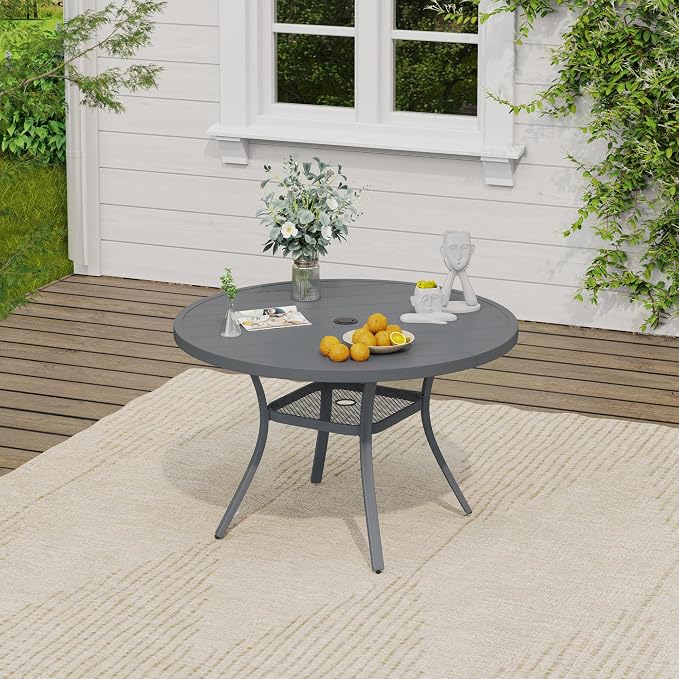 VICLLAX Round Patio Dining Set for 4, Metal Slatted Patio Table with Umbrella Hole and Stackable Patio Chairs for Deck Lawn Garden, Grey Fabric and Dark Grey Tabletop