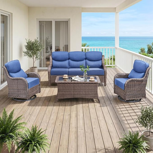 Luxury High Back Outdoor Furniture with 6-Inch Thick Cushions, Patio Furniture Set with Swivel Chairs, 4 PCS Wicker Conversation Set for Porch, Balcony, Deck and Yard