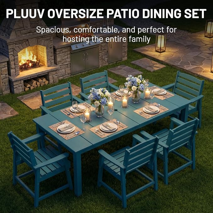 PLUUV Outdoor Dining Set for 8 Person, HDPE Large Table with Aluminum Legs and 8 Armless Chairs, All-Weather Patio Dining Furniture Set with Umbrella Hole for Backyard, Garden, Navy Blue