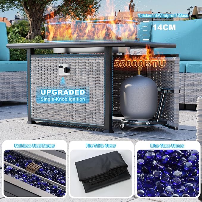 11-Piece Patio Furniture Set, Outdoor Patio Furniture with 55,000 BTU Fire Pit Table, Swivel Chairs Set, Thick Cushions, Modular Patio Sofa, Dual-Strand Wicker Rattan, Rust-Resistant Frame, Blue