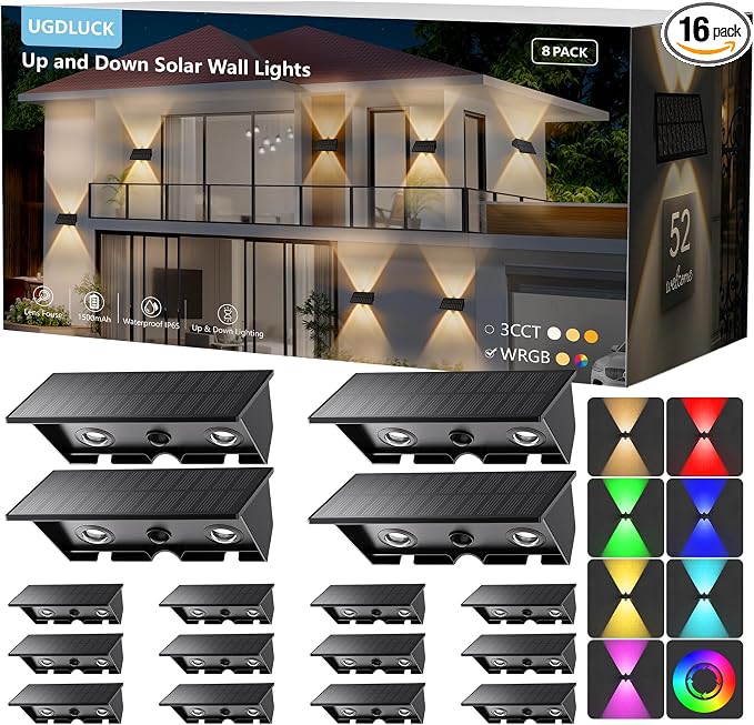 16PACK Solar Sconce Lights Outdoor,8 Lighting Modes Up and Down Solar Wall Lights Dusk to Dawn Lighting IP65 Waterproof Solar Lights Outdoor for House Exterior Front Porch Garage Fence Patio Yard
