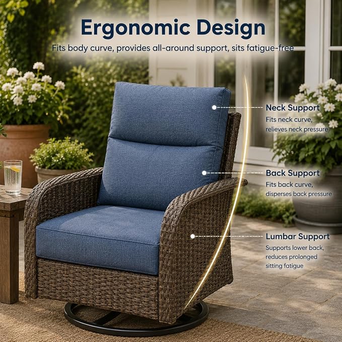 7 Seats Outdoor Patio Furniture Set with 44" Gas Fire Pit Table, Wicker Swivel Rocking Chairs Conversation Sets with Cushion, High Back Sectional Sofa with Gilder Chair for Yard Garden Porch, Blue