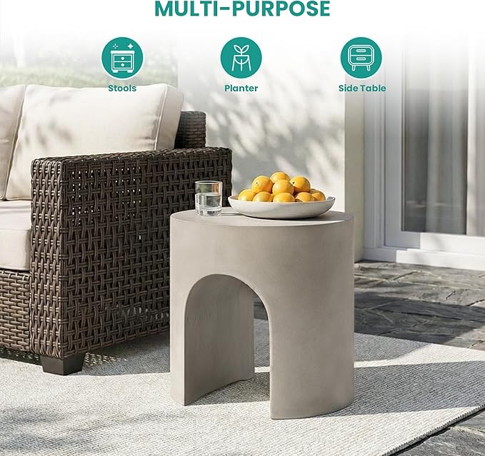 SUNBURY Outdoor Side Table, 16" W Concrete End Table w Arch Shape, Round Cement Accent Table Lightweight for Patio, Modern Decorative Garden Stool for Patio, Backyard, Grey