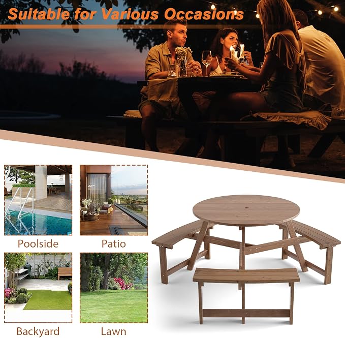 GYMAX Picnic Table, 6 People 1720lbs Wooden Picnic Table Bench Set with Umbrella Hole, Heavy Duty Outdoor Camping Dining Table with Seat for Patio Lawn Backyard Garden Deck Poolside