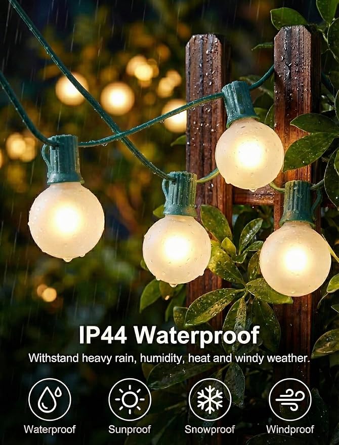 25FT G40 Christmas Lights, 25 Frosted White Bulbs, Green Wire | IP44 Weatherproof, 5W Glass Incandescent Bulbs, E12 Bases, 2 Spares, Connects Up To 3 Strands for Trees and Pergolas