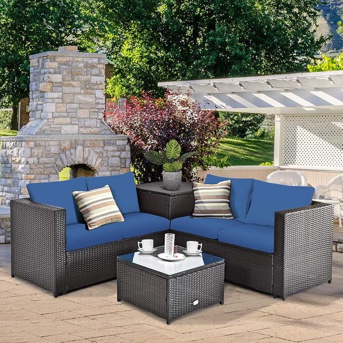 Tangkula 4 Piece Wicker Patio Set with Storage, All Weather-Proof Outdoor Conversation Set, with Loveseat, Coffee Table & Storage Box, Suitable for Garden, Poolside, Sunroom (1, Navy Blue)