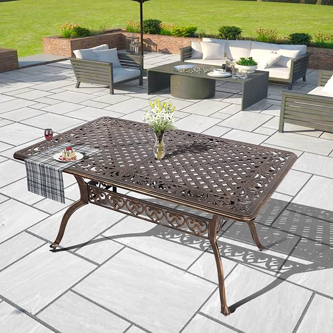 Grepatio Patio Dining Table Outdoor Cast Aluminum Rectangular Table Weather-Resistant People Party Large Table with 2" Umbrella Hole for Lawn Backyard Garden, Black and Bronze 59.06“x35.24"x28.35"