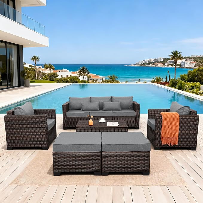 Oasishine Wicker Patio Furniture Set 6 Pieces Outdoor Furniture Chairs and Couch Storage Table Anti-Slip Cushions and Waterproof Covers, Dark Grey