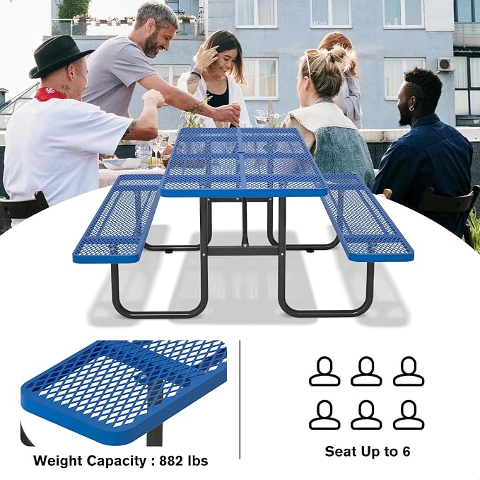 Picnic Tables for Outdoors with Umbrella Hole-Coated Steel Heavy Duty Commercial Grade Table with Seats,Commercial Metal Picnic Tables,Heavy Rectangular Furniture Set for a Lifetime (Blue)
