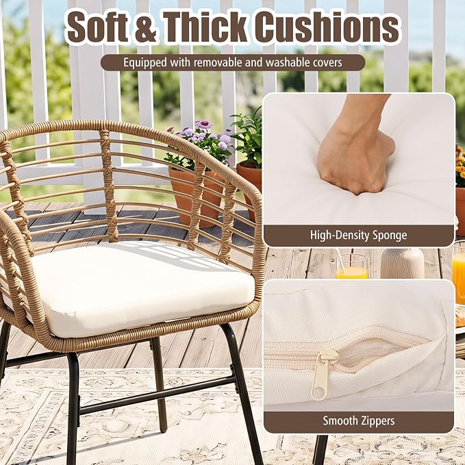Tangkula 3 Pieces Patio Furniture Set, PE Rattan Bistro Chairs with Tempered Glass Coffee Table and Soft Cushions, Outdoor Wicker Conversation Set for Porch, Balcony, Garden and Poolside (Off White)