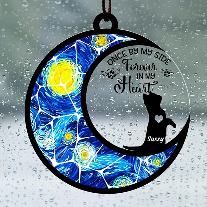 Custom Cat Memorial Suncatcher, Personalized with Name and Breed, Loss of Pet Sympathy Gift for Cat Lovers, Stained Glass Look Acrylic Ornament