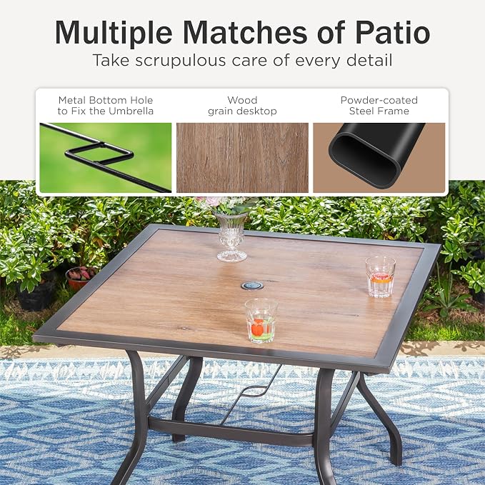 PHI VILLA 5 Pcs Patio Dining Set for 4, Mesh Chairs & Wood-Look Table | 4 textilene dining chairs. 37" PVC square table top w/ umbrella hole, all weather E-coated metal frame for outdoor deck lawn