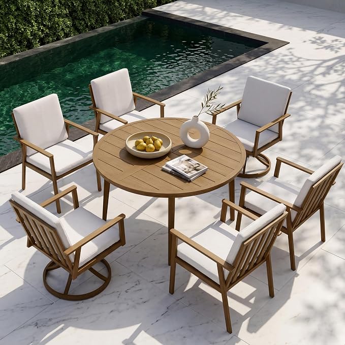 51" Round Outdoor Dining Table Set, 7-Piece Aluminum Round Outdoor Table with 6 Chairs, Rust-Resistant Faux Wood Grain Patio Table with Umbrella Hole for Garden, Backyard, Poolside, Teak