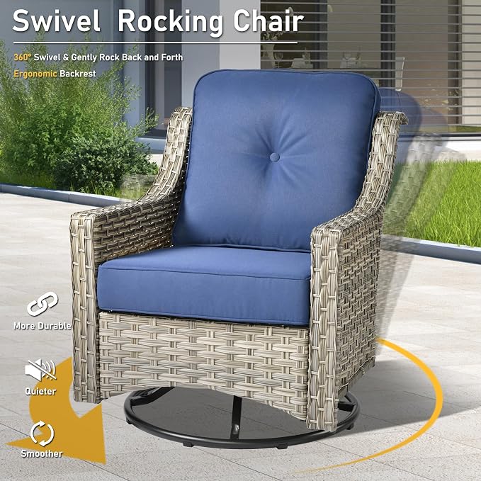 HOOOWOOO 5 Piece Patio Furniture Conversation Sets with Swivel Rocking Chairs,Outdoor Wicker Furniture with LED Tablet,All Weather Resistant High Back Rattan Conversational Set(Navy Blue)