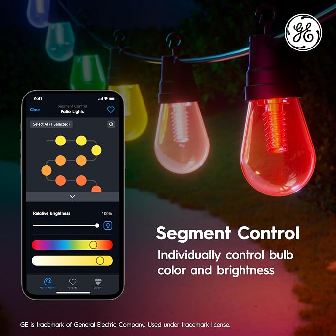 Cync GE Dynamic Effects Color Changing Smart Outdoor String Lights, 48ft | App control, Alexa & Google compatible, color changing patio cafe lights, weather resistant, 48ft, dynamic lighting effects