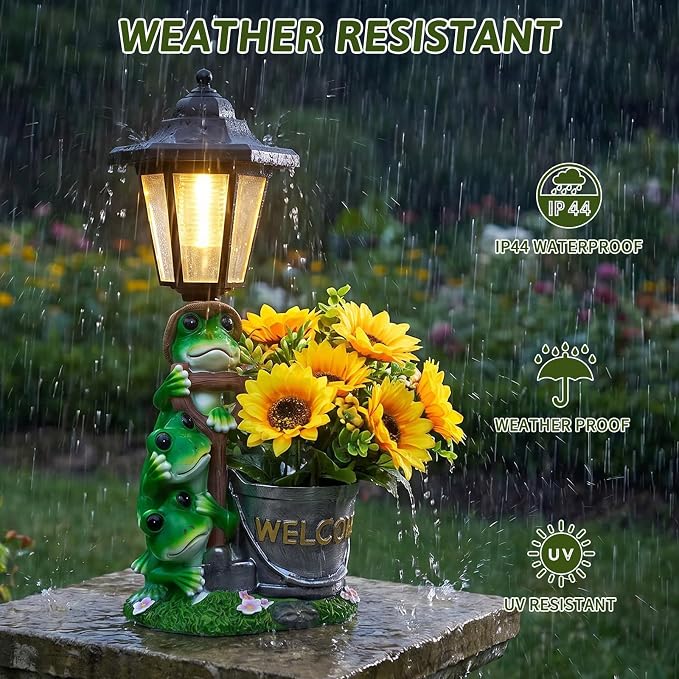 Solar Frog Outdoor Garden Statue with Flowerpot & Lantern | Resin Frog Figurine for Yard Art Lawn Ornaments Porch Patio Balcony - Gifts for Housewarming Birthday