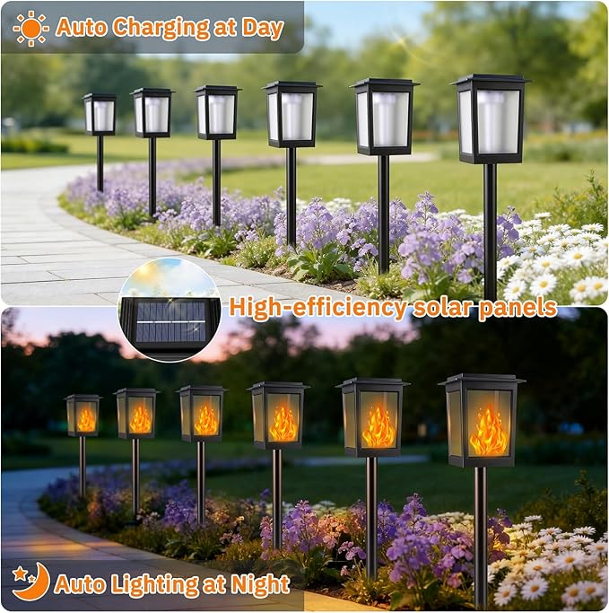 KYEKIO Gen2 Flickering Flame Solar Torch Lights, Large Solar Lights Outdoor | Waterproof for Halloween Decorations, Square Garden Lights Solar Powered, LED Tiki Torches for Outside, Yard Decor, 6 Pack