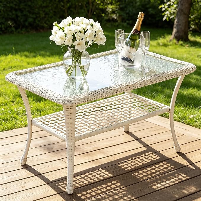 MEETWARM Wicker Patio Coffee Table, 34.5" Rectangle Outdoor Coffee Table with Tempered Glass Top and 2-Tier Storage Shelf, All-Weather Rattan Patio Side Table for Outside Poolside Garden, Cream White