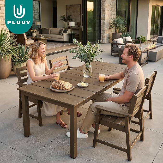 PLUUV 5-Piece Patio Dining Set, Hdpe Outdoor Patio Furniture Set with Aluminum Table Legs & Umbrella Hole, All-Weather Resistant Patio Table Set for Garden, Backyard, 4 Chairs & 1 Table, Brown