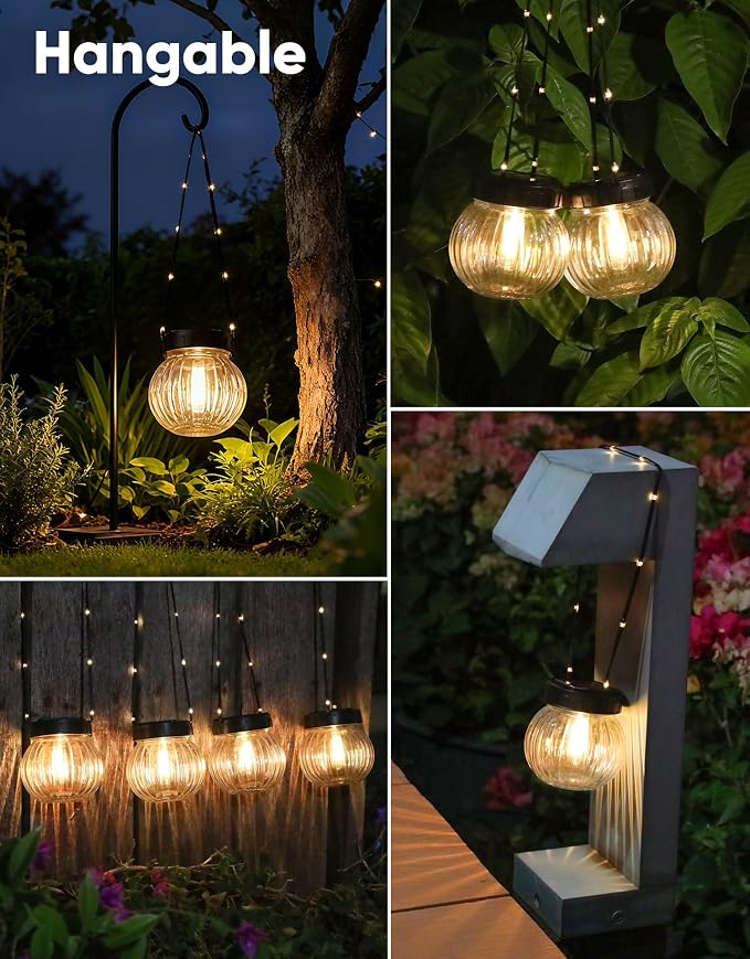 Solar Lights Outdoor Waterproof 12-Pack, Solar Powered Hanging Lantern Ribbed Glass Hanging Globes for Yard Decor Christmas Decoration, Shepherd Hook, Garden Tree Ornaments, Clear