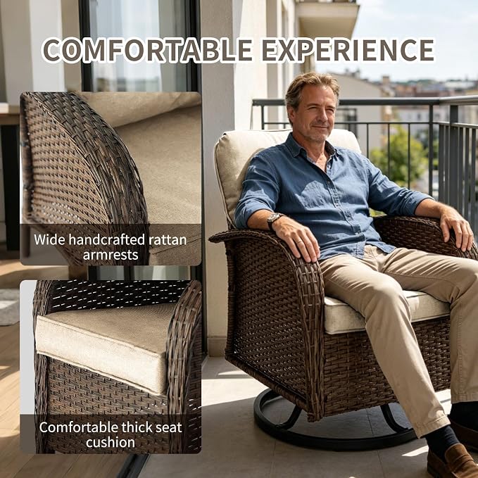Outdoor Swivel Rocker Patio Chairs (Brown Wicker/Khaki Cushion, 7PC/Sofa & Swivel & Chair &2 Table)