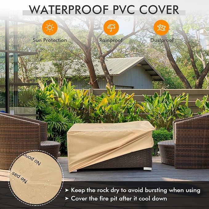 Tangkula 6 Pieces Patio Wicker Furniture Set with 32 Inches Propane Fire Pit Table and Tank Holder, Outdoor Conversation Set with Storage Box and Coffee Table, 2 Waterproof Covers Included (Navy)
