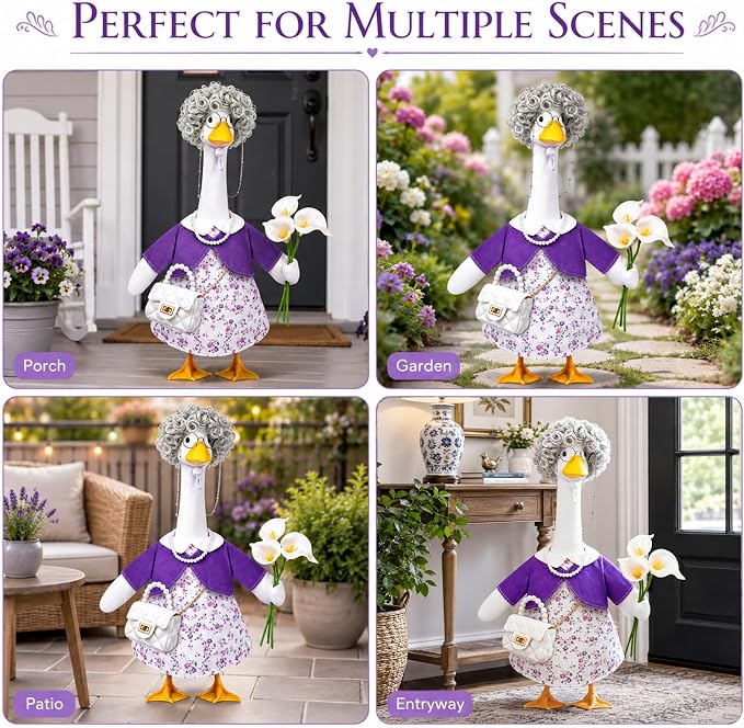 Celltestria Old Lady Goose Outfits Grandma Goose Costume Purple Lily Geese Clothes with Wig Glasses Necklace Bag for 23'' Geese Holiday Outdoor Lawn Patio Yard Garden Decor